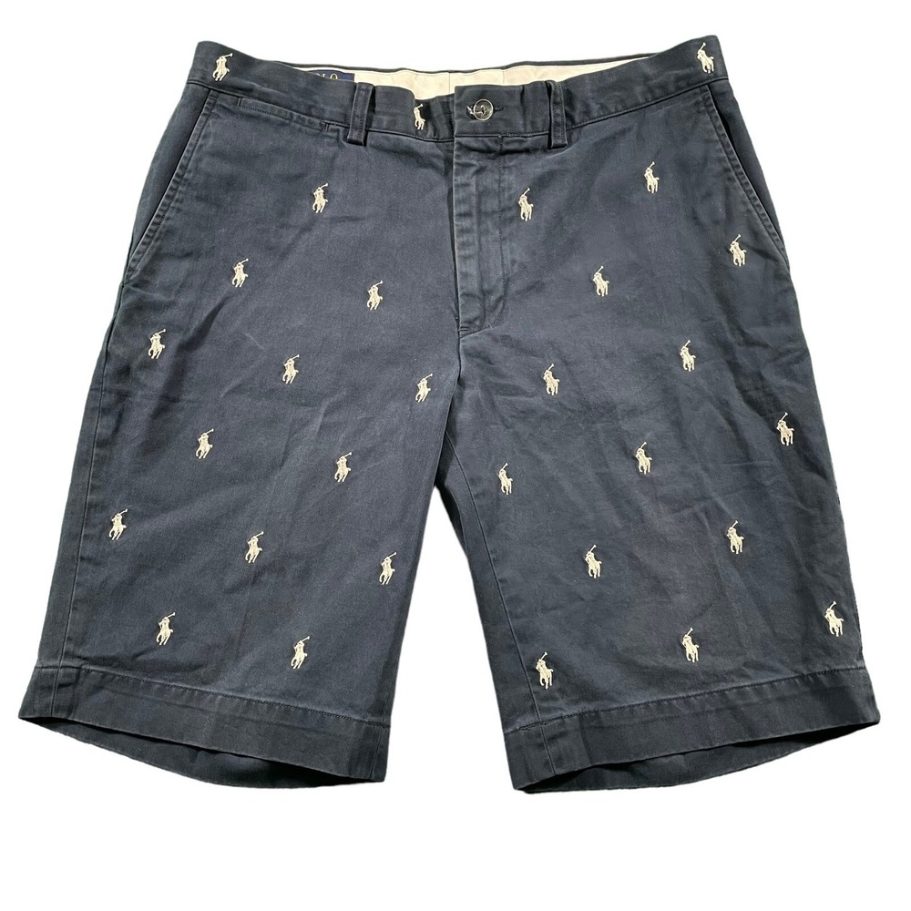 Polo Navy Blue All Over Embroidered Pony Mens Short Stretch Classic Size 33